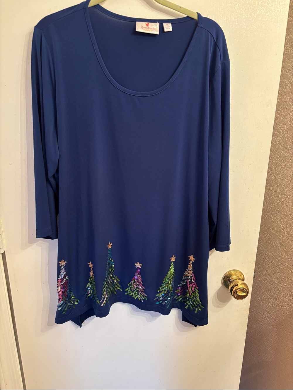 Quacker Factory Navy Scoop Neck Tunic with Sequin Tree Hem